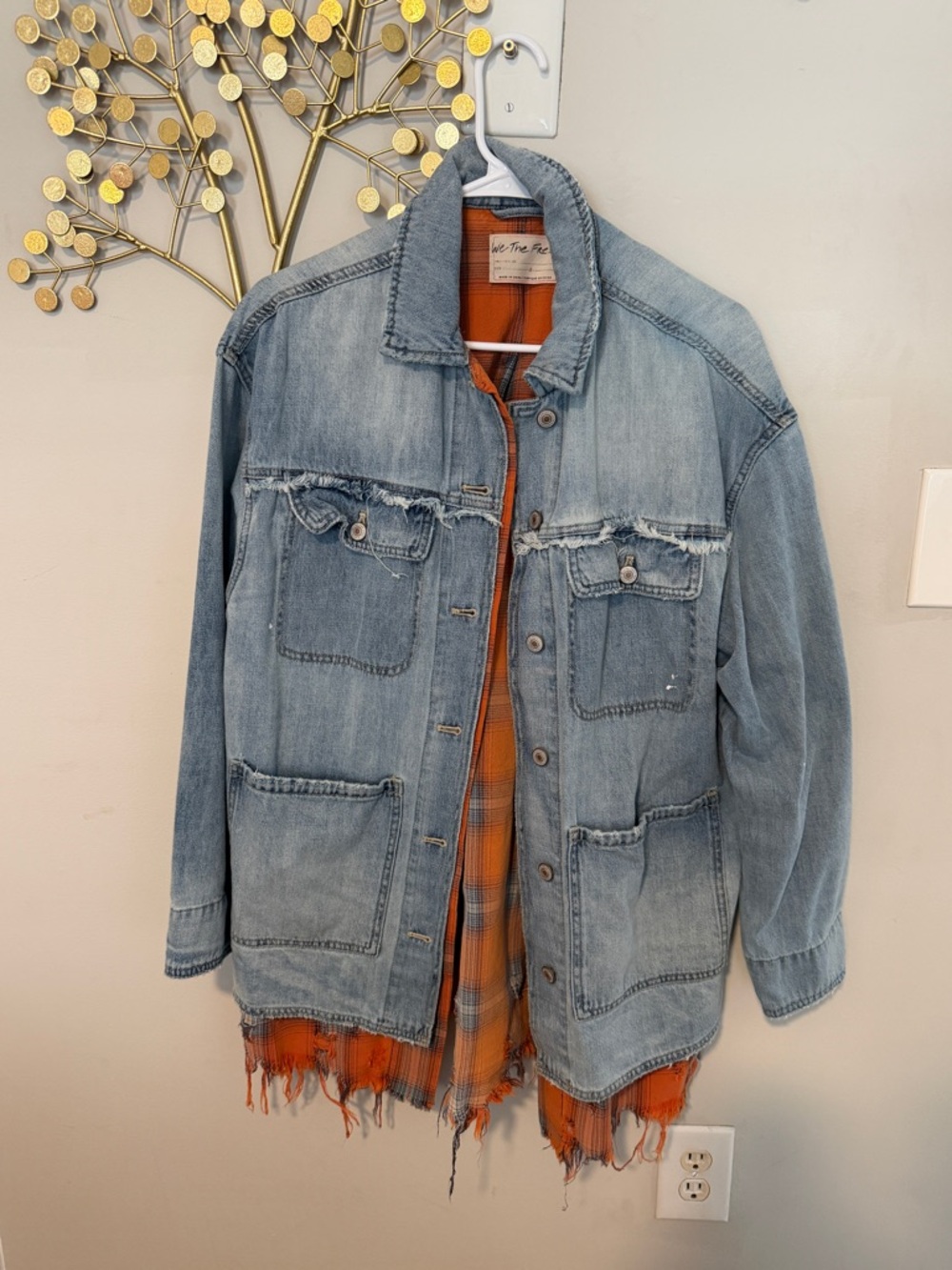 Distressed Light Wash Denim Jacket with Orange Plaid Lining/ We The Free